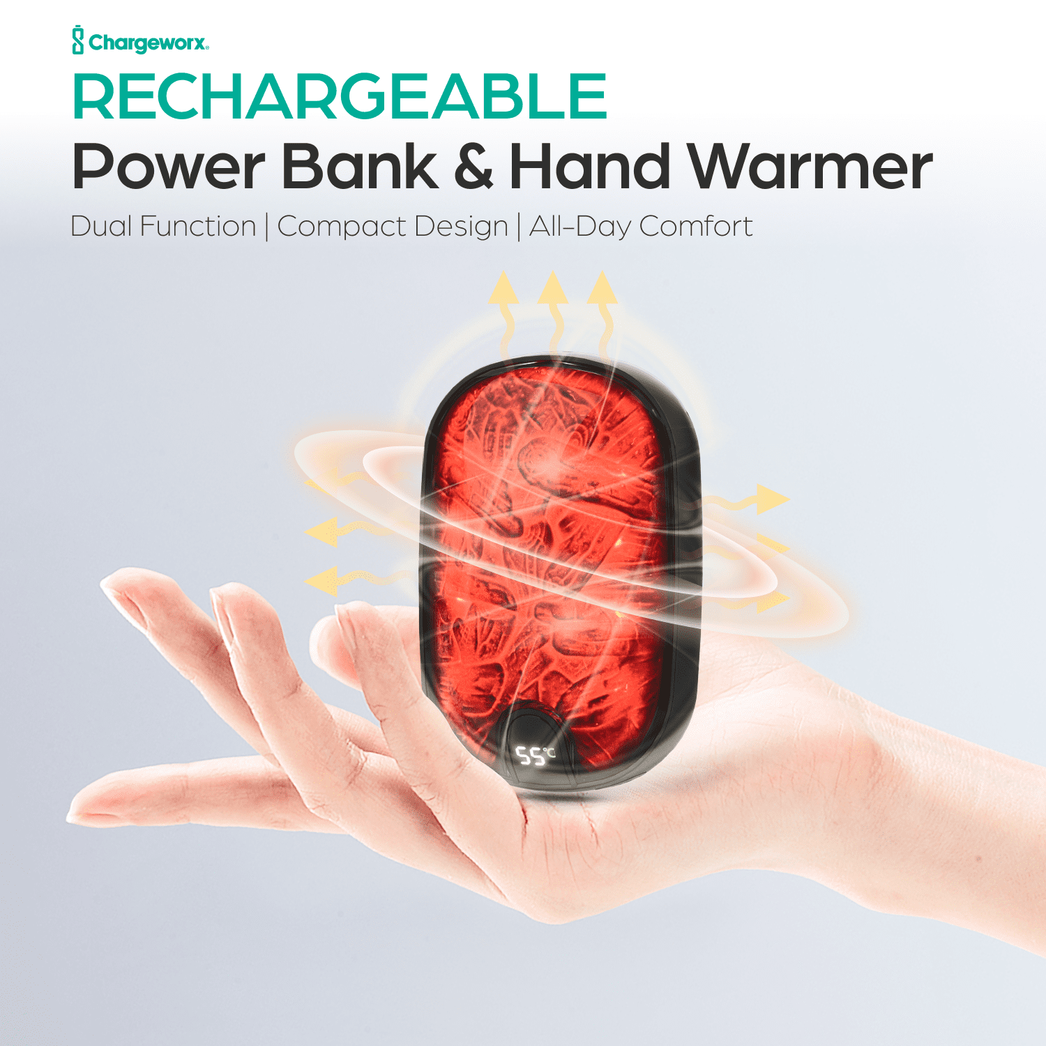 ChargeWorx Rechargeable Hand Warmer, 5000mAh Portable Electric Hand Heater & Power Bank with LCD Display, 5-Hour Warmth, USB Charger for Camping, Hunting, Outdoor Sports, Travel & Cold Weather Relief