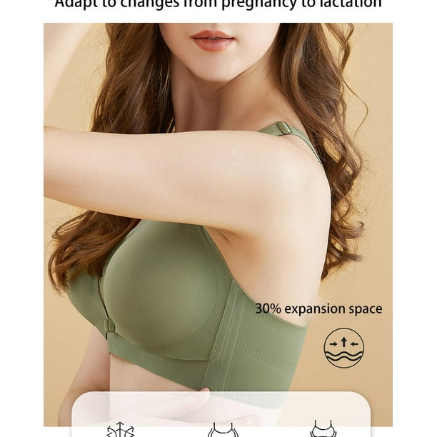 YUANOU Wireless front open button bra for pregnant women Seamless  prevention of sagging Breastfeeding bra Push breathable front open  breastfeeding bra Hot bra strap detachable pad(Green)XL 