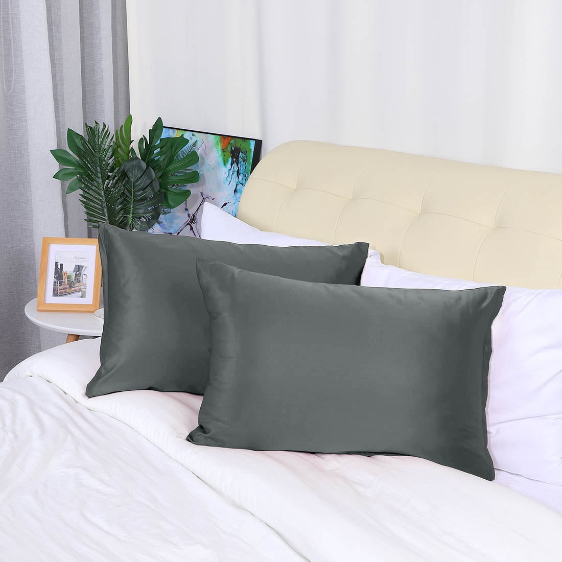 Unique Bargains Pillow Covers Silky Satin Zipper Pillowcases Set of 2 Grey 21" x 31"