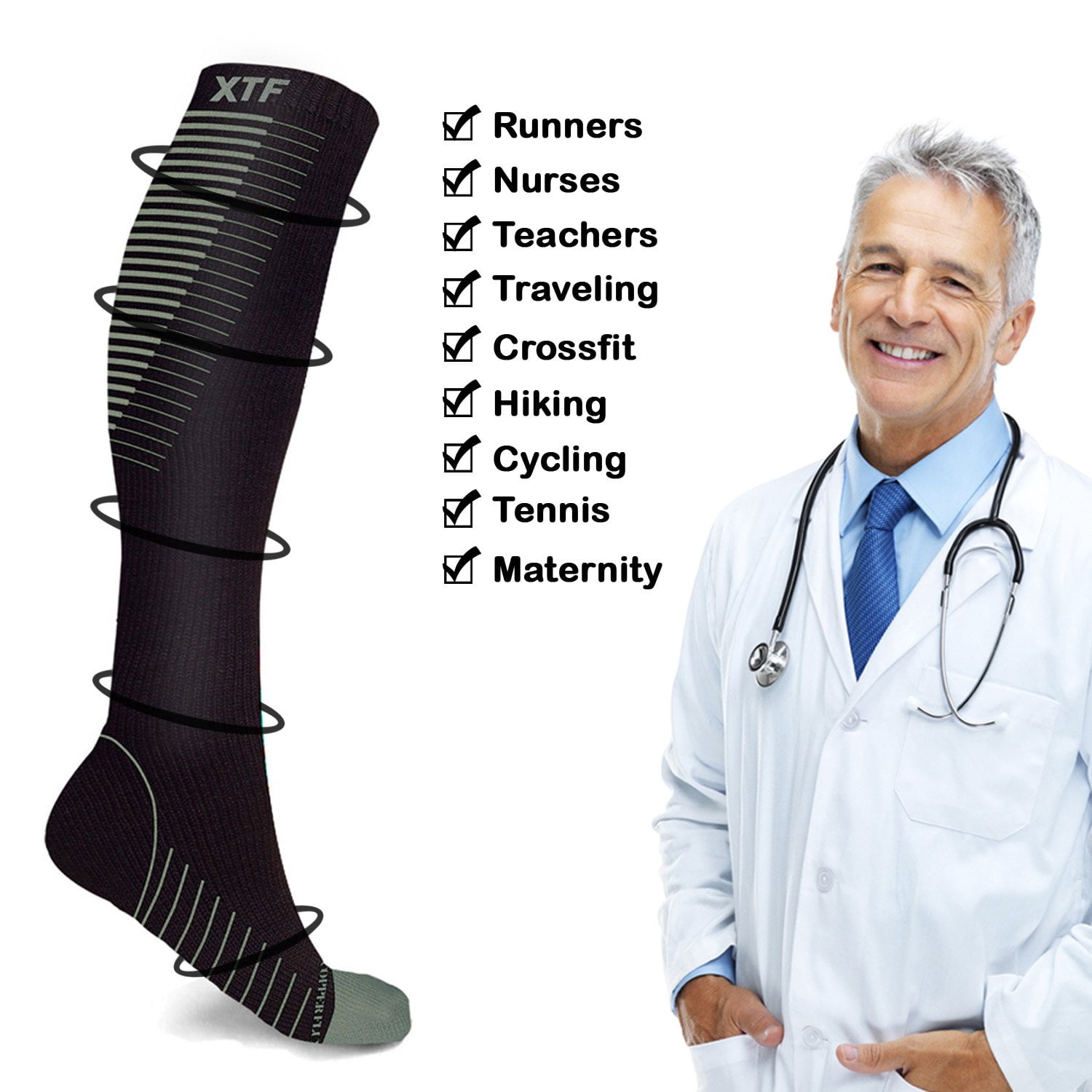 Copper Compression Socks - Knee High for Running, Athtletics, Travel - 6 Pair
