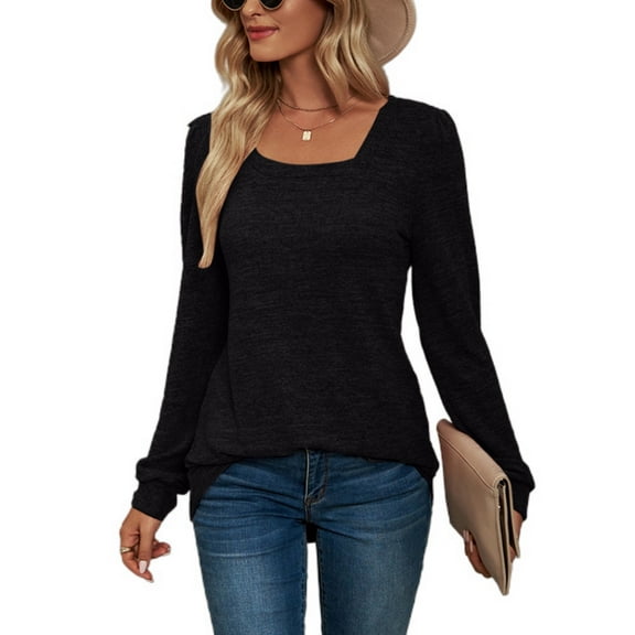 Jdlsppl Women's Soft T Shirt Long Sleeve Tshirt Long Puff Sleeve Square Neck Fall Ruched Basic Casual Tee Black Small