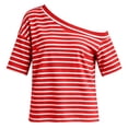 thumbnail image 4 of Zynoxe Off the Shoulder Tops for Women Trendy Striped Short Sleeve Asymmetrical Tops for Daily Wear Summer Loose Fit Versatile Pullover Casual Tops Red S, 4 of 8