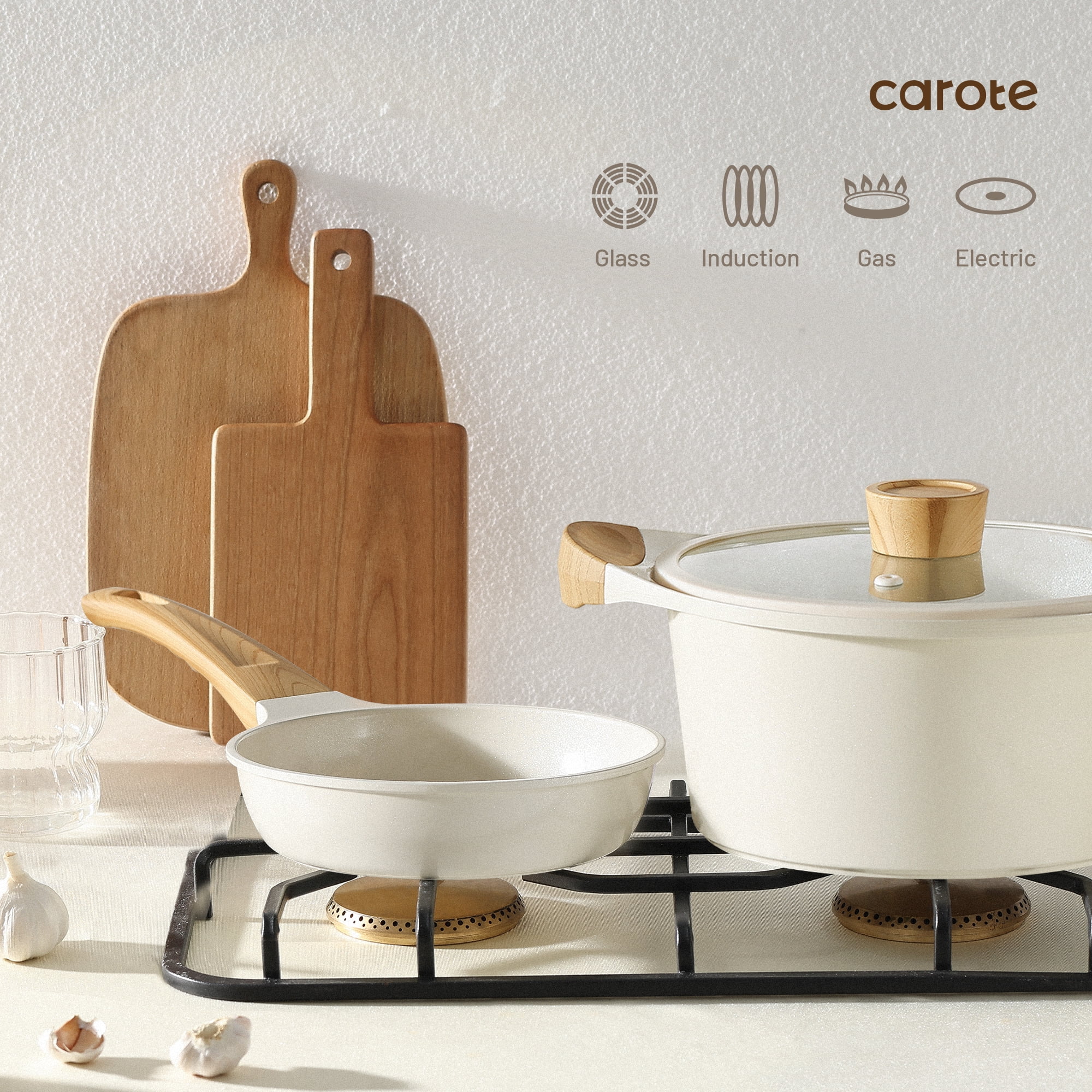 Carote 6pcs Ceramic Cookware Sets, Induction Pots and Pans, Non Stick Pots Sets, White