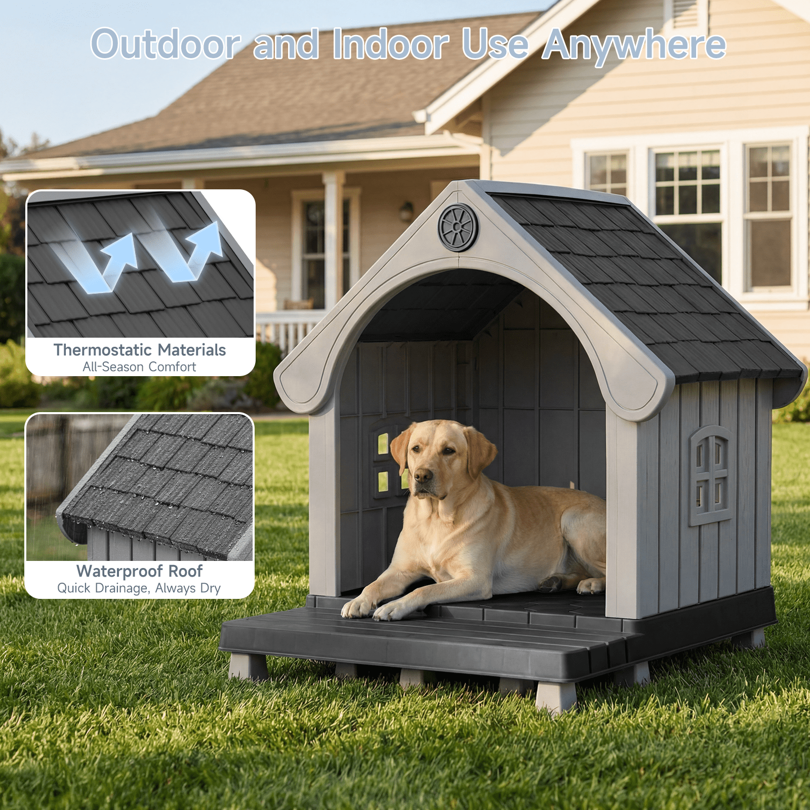 Dovov Plastic Dog House with Elevated Floor and Air Vents, Waterproof Doghouse Indoor Outdoor Dog Kennel with Porch, Large Puppy Shelter, Black Gray