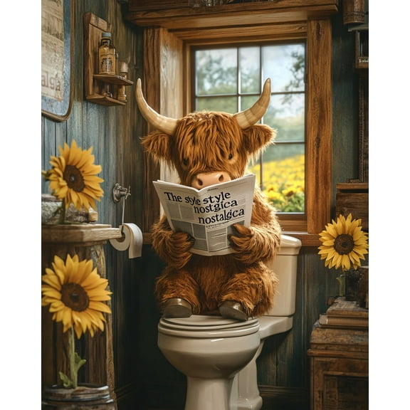 Paint by Numbers Kit for Adults-Highland Cow Sitting on the Toilet Reading a Newspaper- Beginner DIY Color by Number Set on Canvas Acrylic Oil Paintings Crafts, Gifts, Home Wall Decor (12 X 16 inches)