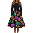 thumbnail image 4 of Halloween Dresses for Women Spider Cocktail Crew Neck Scary Dresses Skeleton Printed Long Sleeve Fall Swing Dress with Belt S, 4 of 5