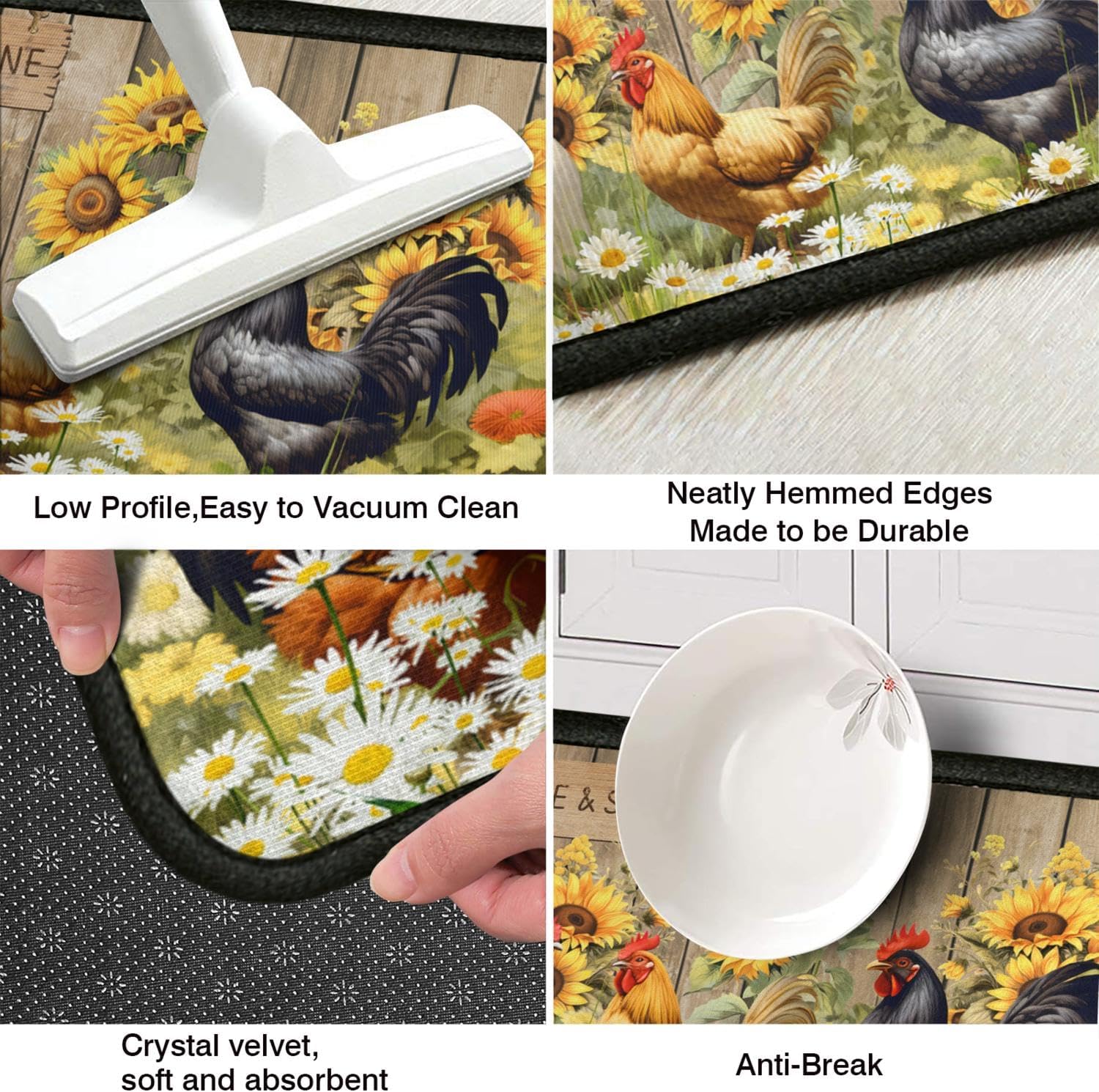 Rooster Theme Kitchen Rug 2 Piece Set, Farmhouse Sunflower Kitchen Decor Floor Mat, Absorbent and Non-Slip Washable Chicken Runner Rug 17"x47"+17"x30" (Rooster 6, 17"x47"+17"x30")