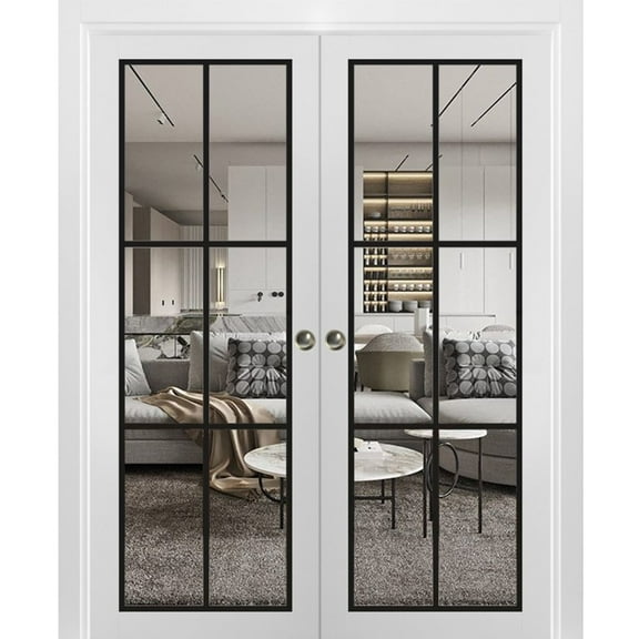 Sliding French Double Pocket Doors 36 x 80 inches | Lucia 2366 White Silk Clear Glass | Kit Trims Rail Hardware | Solid Wood Interior Bedroom Sturdy Doors