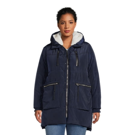 Jason Maxwell Women's Plus Size Quilted Coat with Faux Sherpa Lined Hood