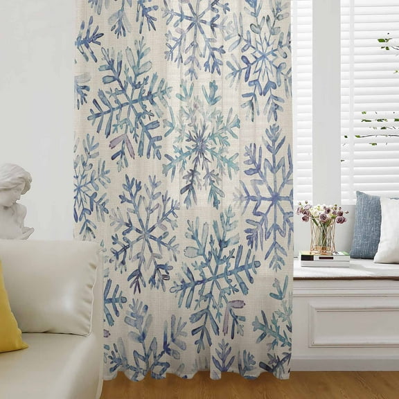 Blue Snowflake Christmas Semi Sheer Curtains Drapes for Living Room, Bedroom, French Doors Window 96 Inches Long, Xmas Snowflake Vintage Rod Pocket Chiffon Curtain Drapery Voile Draperies Panel