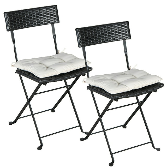 Set of 2 Folding Chair, PE Rattan Folding Chair Set with Beige Cushion for Backyard Lawn Porch Poolside Garden