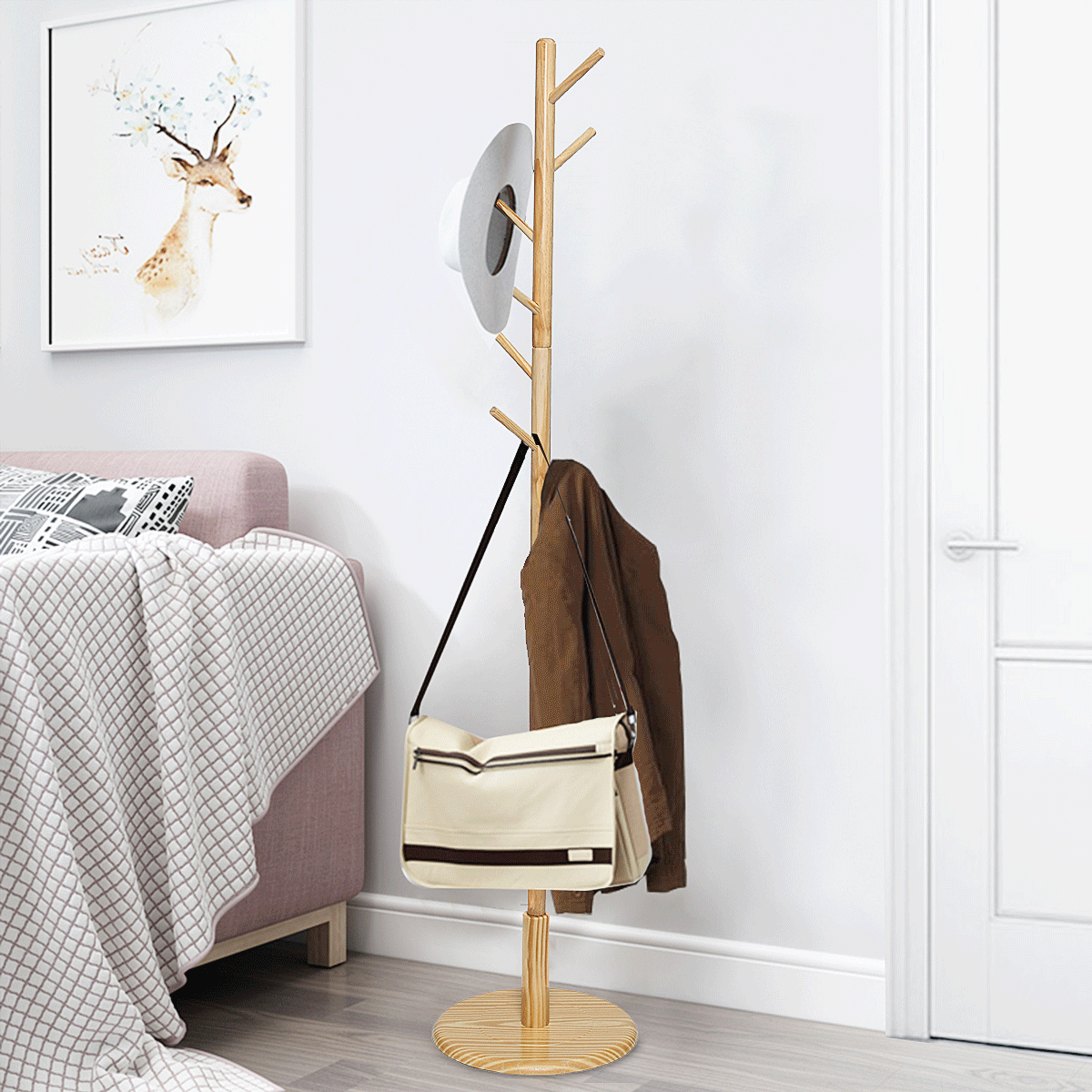 Shoze Coat Stand Hat Clothes Umbrella Hanger Rack Wood Vintage Style Hook Standing Hallway Furniture For Room Office White