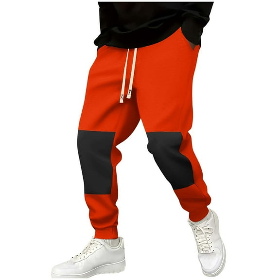 Mens Tapered Sweatpants Cotton Casual Fall Joggers Long Pant with Pockets Patchwork Fashion Drawstring Trousers (XL, Orange)