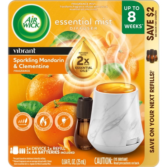 Air Wick Essential Mist Vibrant Scented Oil Cordless Oil Diffuser Kit, Sparkling Mandarin & Clementine, 2 Piece