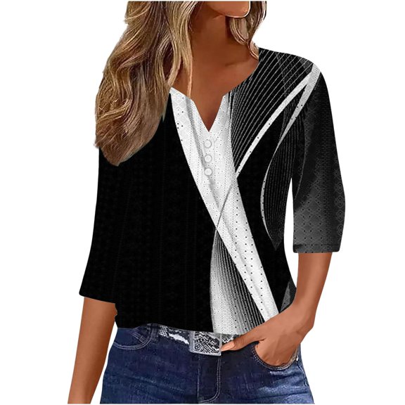YVNAURA Women's 3/4 Sleeve V Neck Eyelet Blouse Summer Tops 2026 Loose Fit Tunic Button Down Shirts Dressy Casual Boho Holiday Vacation Outfits, Black,L