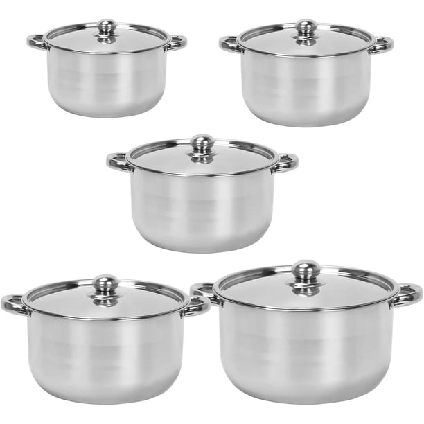 5Pcs Ollas de Acero Inoxidable, Juego de Ollas de Cocina con Tapa, Cacerolas de Acero Inoxidable para Inducción y Estufa de Gas, Sopas, Guisos (Plateado)