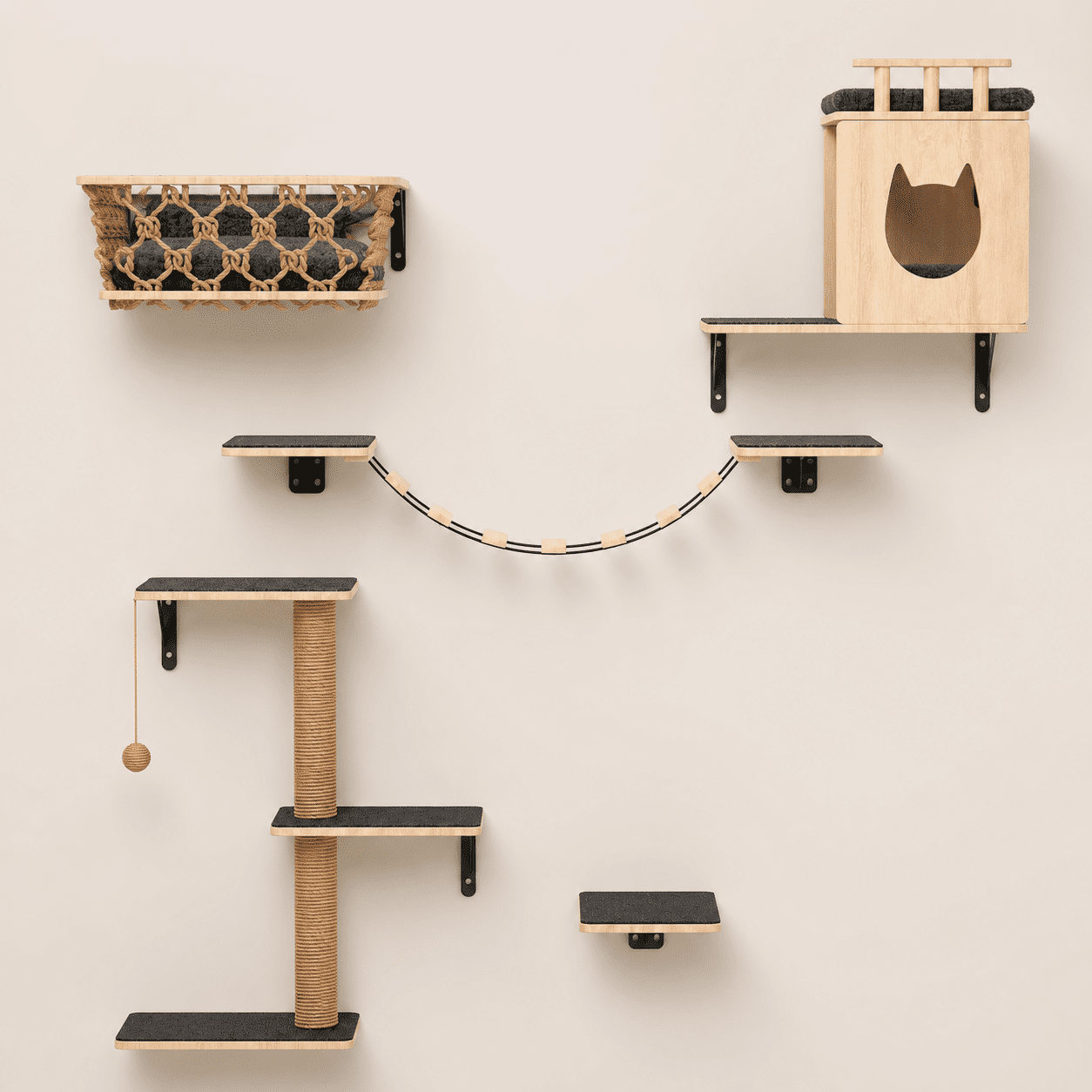 5-in-1 Grey Wall-Mounted Cat Tree Set With Hammock Condo Bridge Ladder Steps