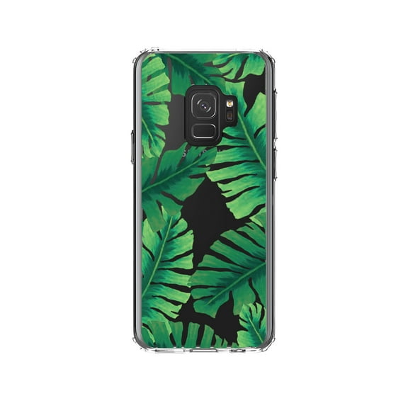DistinctInk Clear Shockproof Hybrid Case for Samsung Galaxy S9 (5.8" Screen) - TPU Bumper, Acrylic Back, Tempered Glass Screen Protector - Tropical Banana Leaves