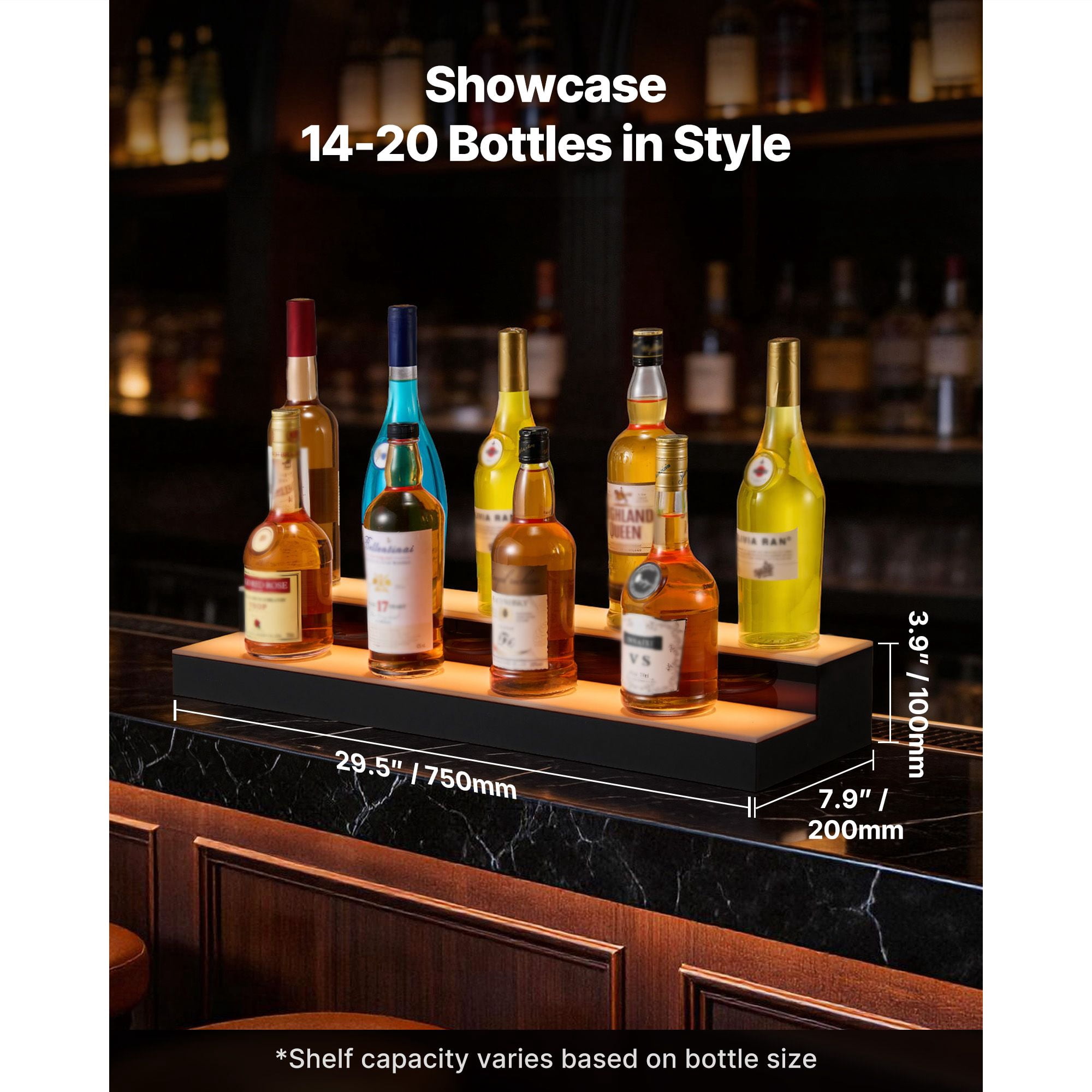 LED Lighted Liquor Bottle Display 2 Tiers 30 Inch, 60 LEDs/m, App & Remote Control, 9 Static Colors, for 14-20 Bottles Home Bar