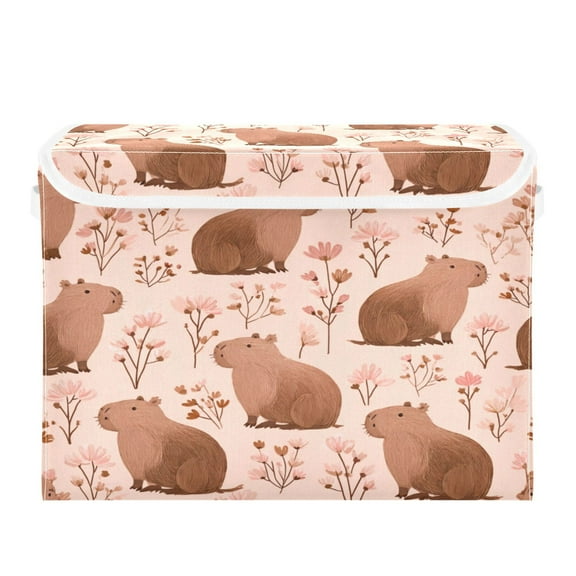 Large Collapsible Storage Box Flip Lid Fabric Decorative Organizer Container Basket with Handles 16.5×12.6×11.8in Cute Brown Capybara Pattern