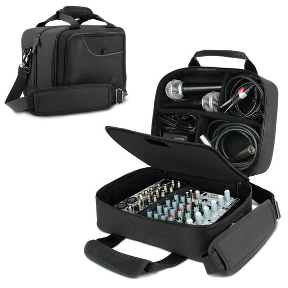 USA Gear Compact Audio DJ Mixer Case - Mixer Bag with Custom Storage for Cables & Microphones Compatible with Behringer Xenyx 802, 502, 1002, Q802USB & More Mixers - Scratch & Water Resistant (Black)