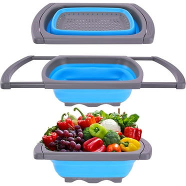 WSNIJFU Collapsible Colander Strainer, Over the Sink Colander，Vegetable/Fruit Colanders Strainers with Extendable Handles,6 Quart,Blue