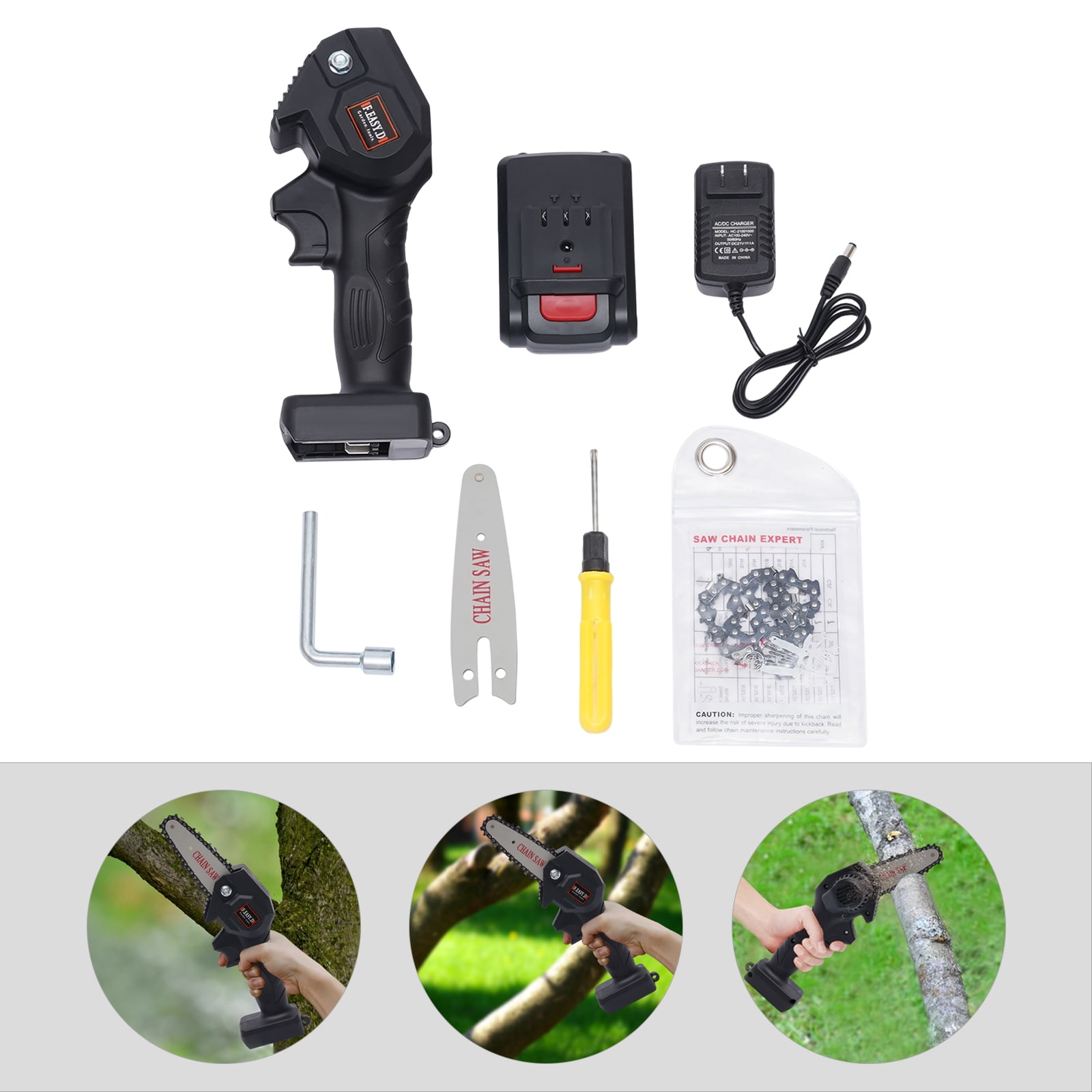 ChicHomey 4 Inch Cordless Electric Chainsaw- 550W Pure Copper,Handheld Mini Cordless Chainsaw,Adjustable Tension, for Gardening, Pruning Black
