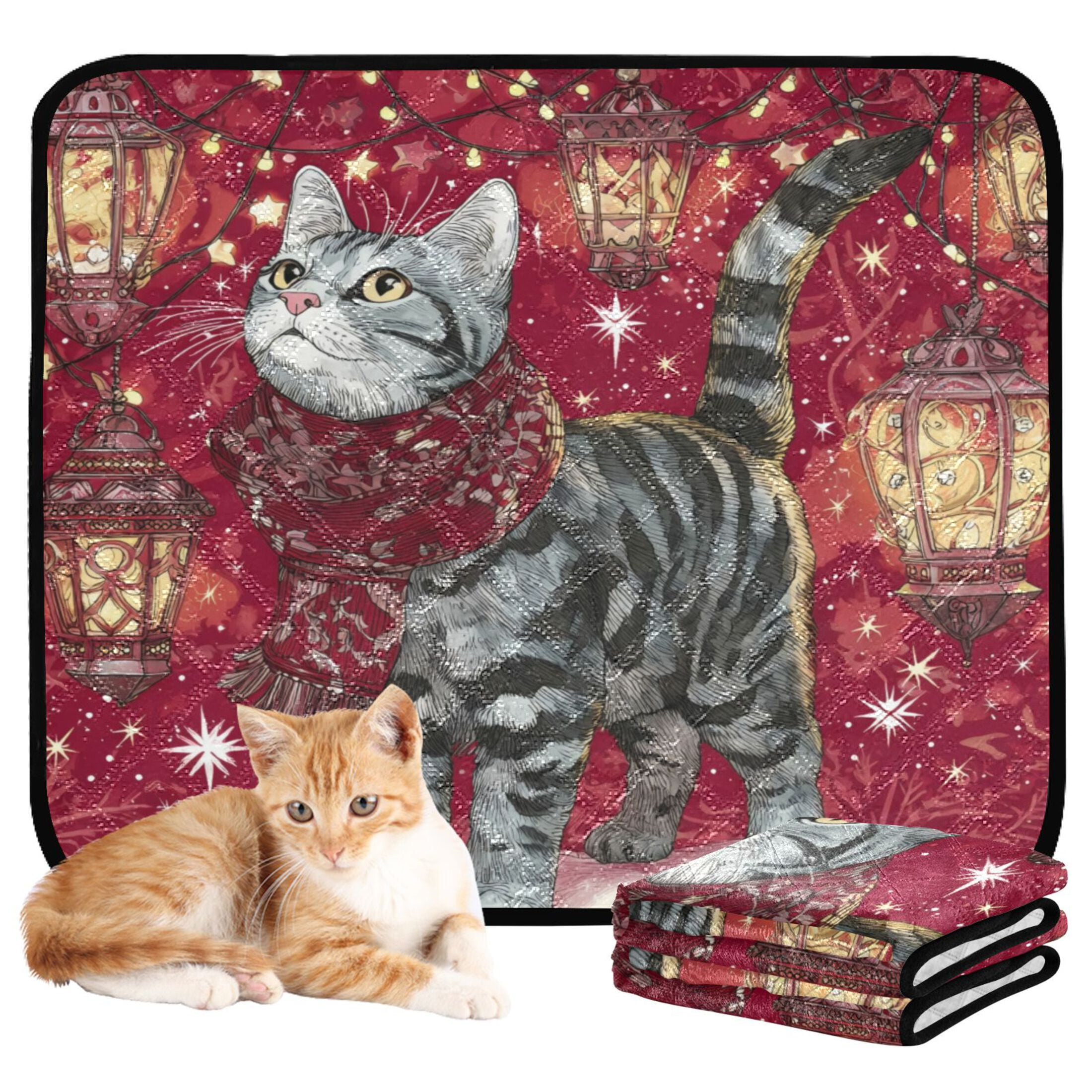 Qxltty Christmas Tabby Cat Cat litter Pads Pet Set of 2 Diaper Mats Center Anti-leakage Layer Absorbent Soft and Comfortable