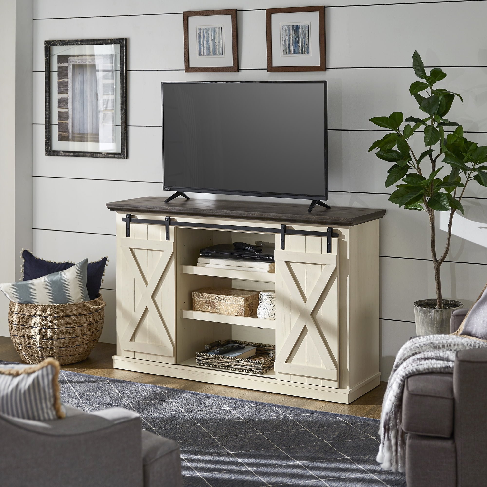 Modern Farmhouse Wooden TV Stand for TVs up to 55" Sideboard Cabinet in White 
