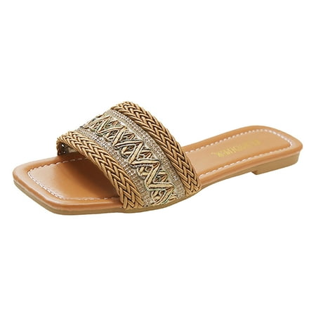 

SEMIMAY Women Sandals Fashion Pattern Square Heel Low Heel Comfortable Square Toe Open Toe Indoor And Outdoor Slippers Brown