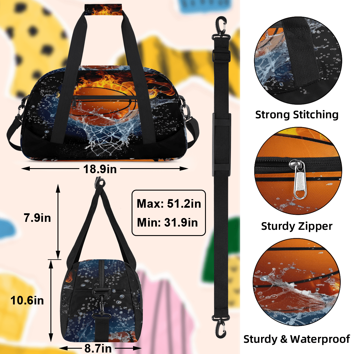 Herdesigns Basketball Sports Duffle Bag for Women & Men, Gym Bag Dance Bag Overnight Bag Carry On Weekender Travel Bag