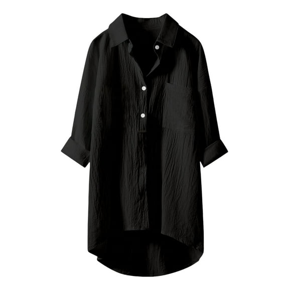 Holzkary Womens Oversized Button Down Shirts Casual Loose Long Sleeve Solid Lapel Long Blouses Tops with Pockets Daily Casual V Neck Shirts Long Sleeve Tops Collared Blouses Loose Fit Shirt Black L