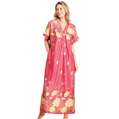 

AmeriMark Women s Long Length Caftan Hawaiian Muu Muu Night Gown with Pocket Red Multi 3X(24W-26W)