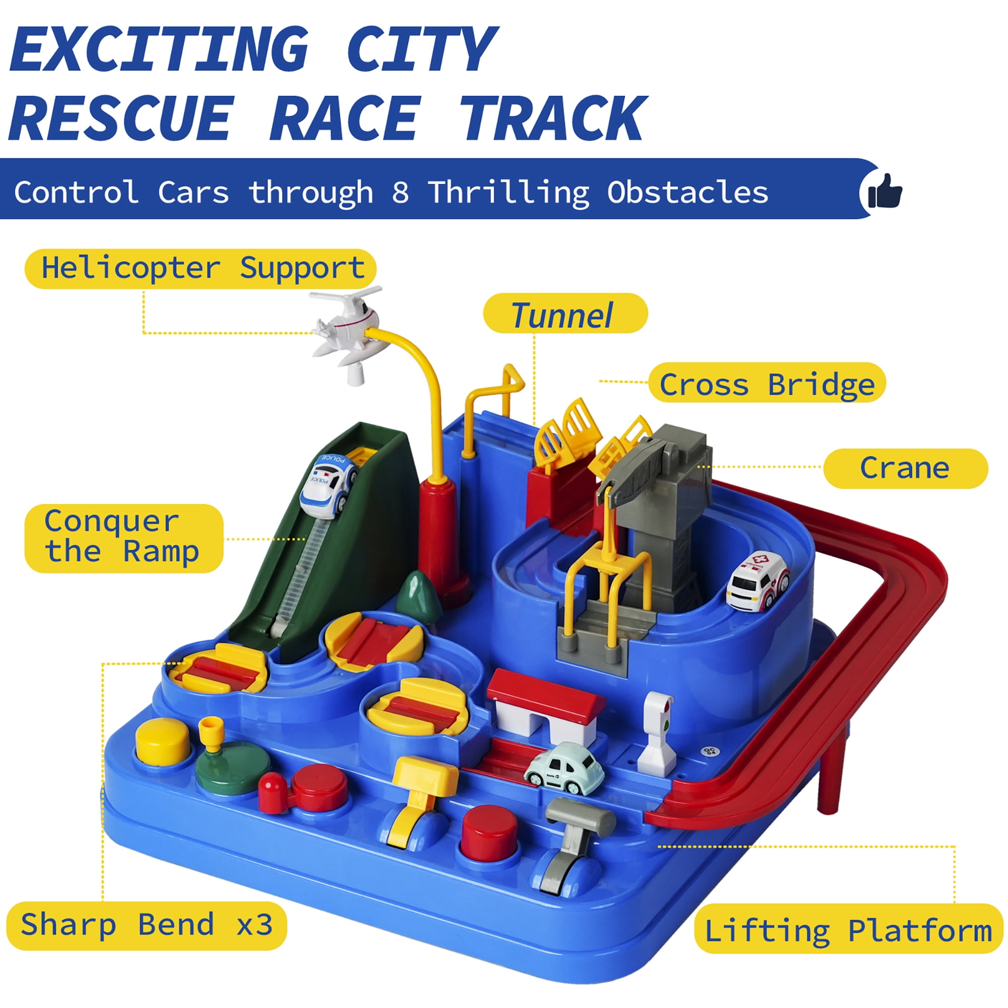 Easy Playhouse: Car Adventure Playset - Rescue Racetrack Station, 3 Mini Emergency Toy Vehicles, Interactive Levers & Obstacles, STEM Play, Kids 3+