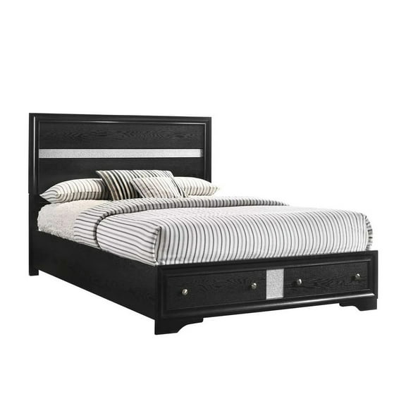 Benjara Regi King Size Bed, 2 Storage Drawers, Silver Striped Headboard, Black Wood