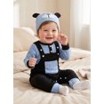 thumbnail image 5 of 3Pcs Infant Boy Outfit Crew Neck Long Sleeve Contrast Color Romper Suspender Pants and Dog Face Print Hat Set, 5 of 8