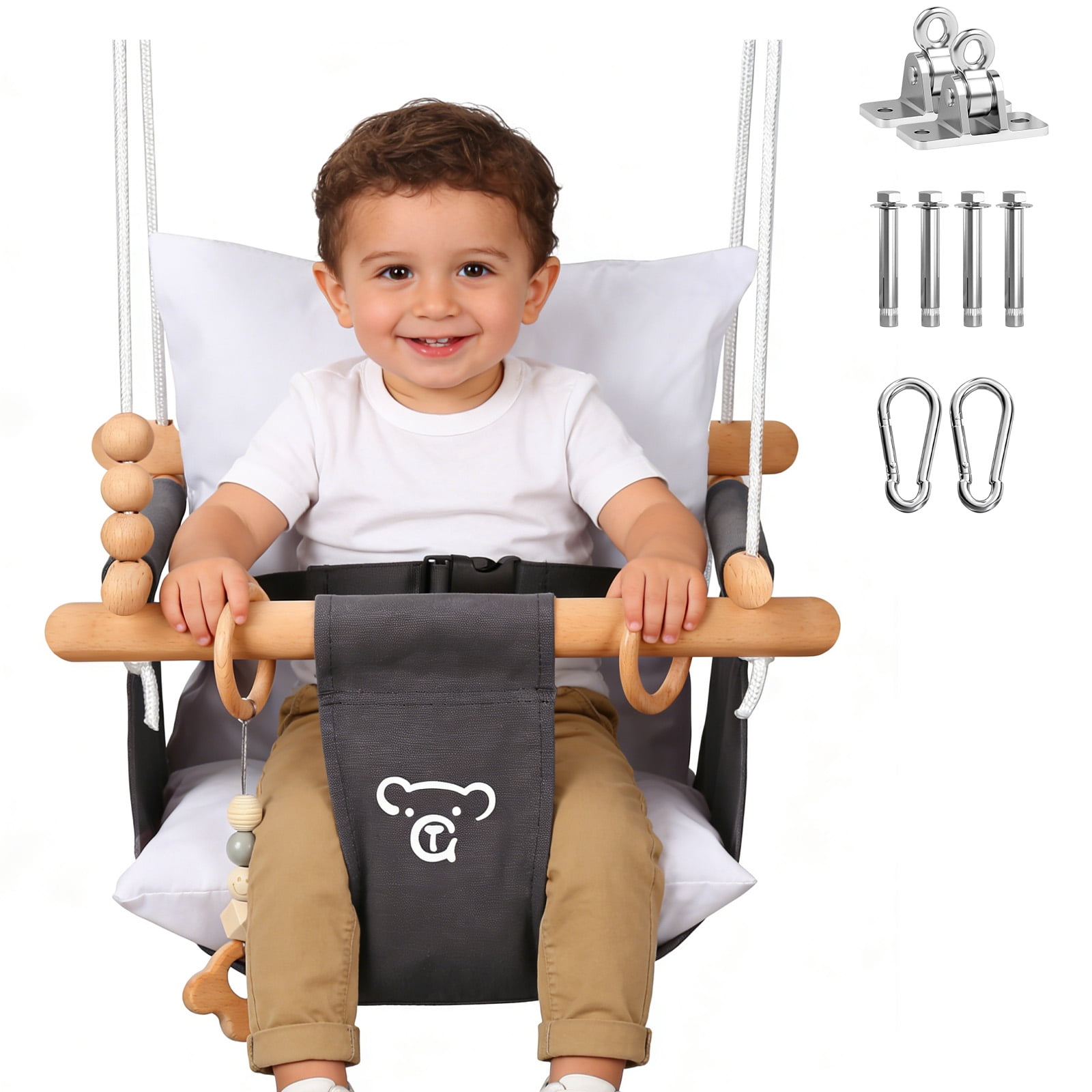 G TALECO GEAR Canvas Toddler Swing, Wooden Baby Swing Seat Chair with Safety Belt, Durable Hanging Swing Chair, Outdoor and Indoor Swing for Kids, Mounting Hardware Included, Gray
