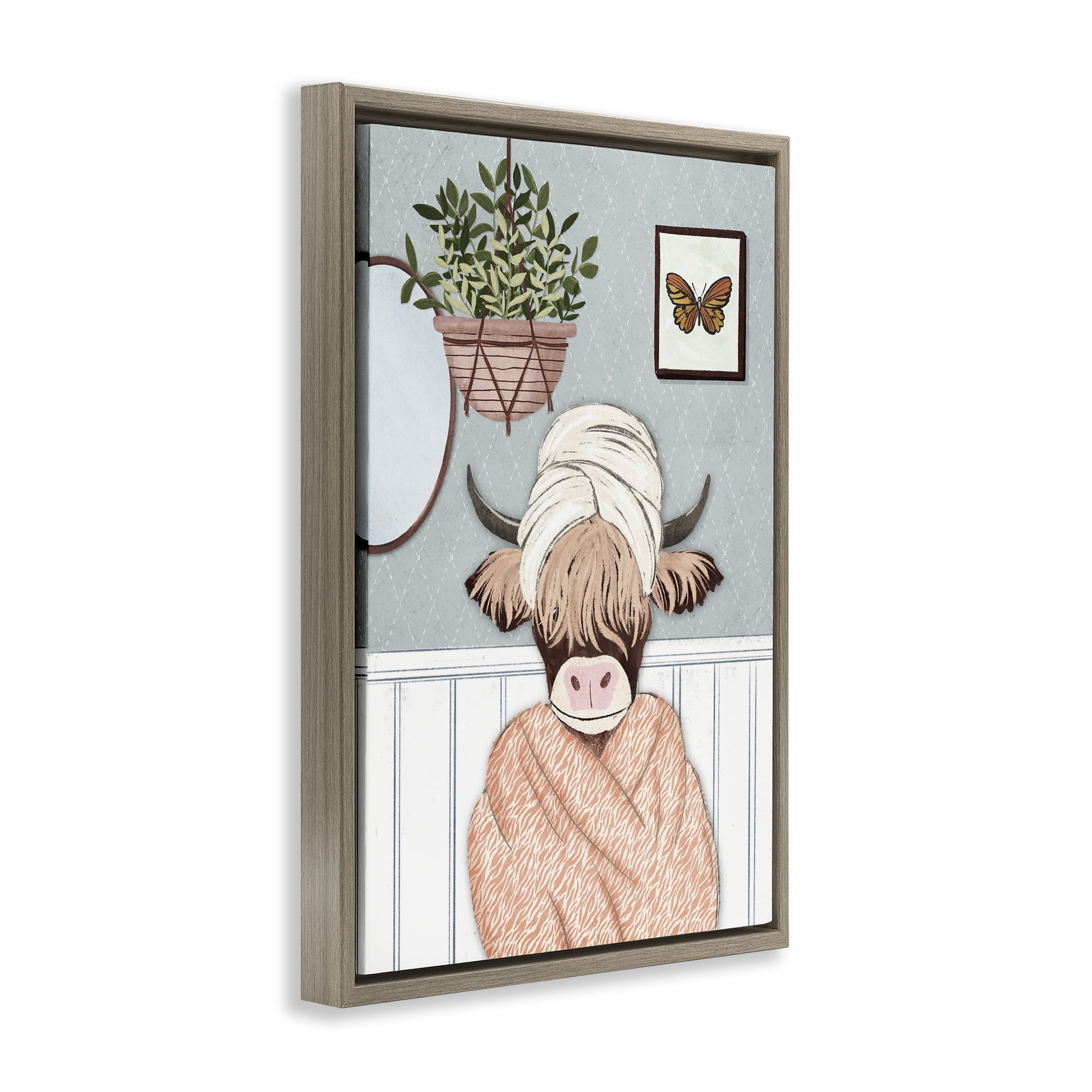 Stupell Industries Highland Cow Bathrobe Typography Painting Brown Floater Framed Canvas Art Print Wall Art, 17 x 25