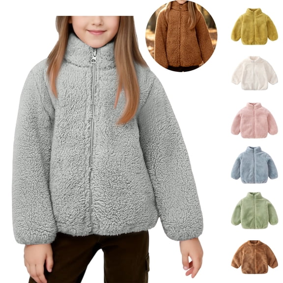 Mfakffe Girls Stand‑Collar Zip‑Up Jacket Winter Warmth Plush Outerwear Lightweight Windproof Layering Garment for Daily Wear