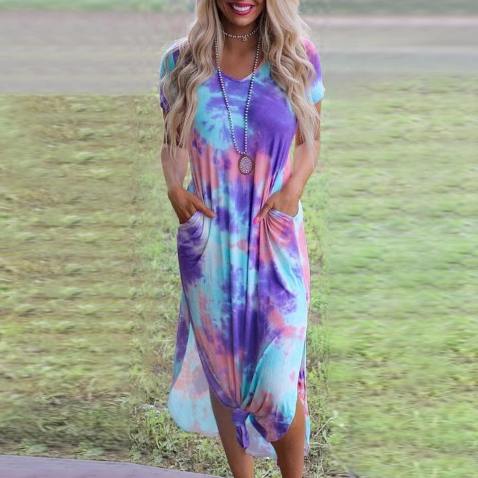 KUNPENG Clearance Dress TieDye Print for Women Loose Vneck Swing Midi