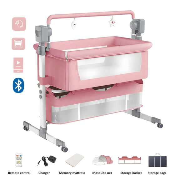 IRIS Baby Electric Baby Bassinet,Baby Swing,Baby Bedside Crib with 3-Level Height Adjustment, Mosquito Net for Newborns, Unisex,Pink