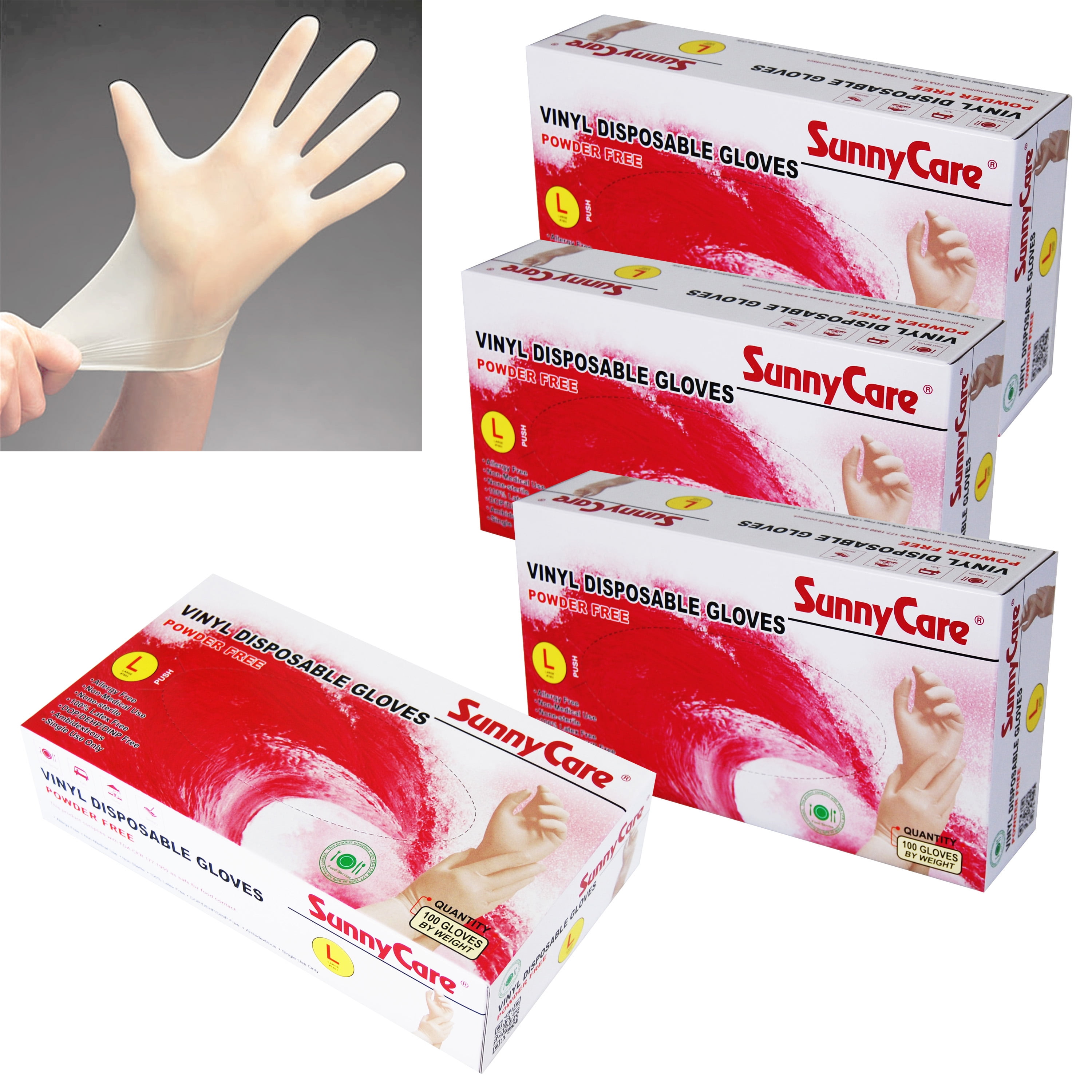 400pcs SunnyCare Powder Free Vinyl Gloves Food Service (Latex Nitrile Free)  L
