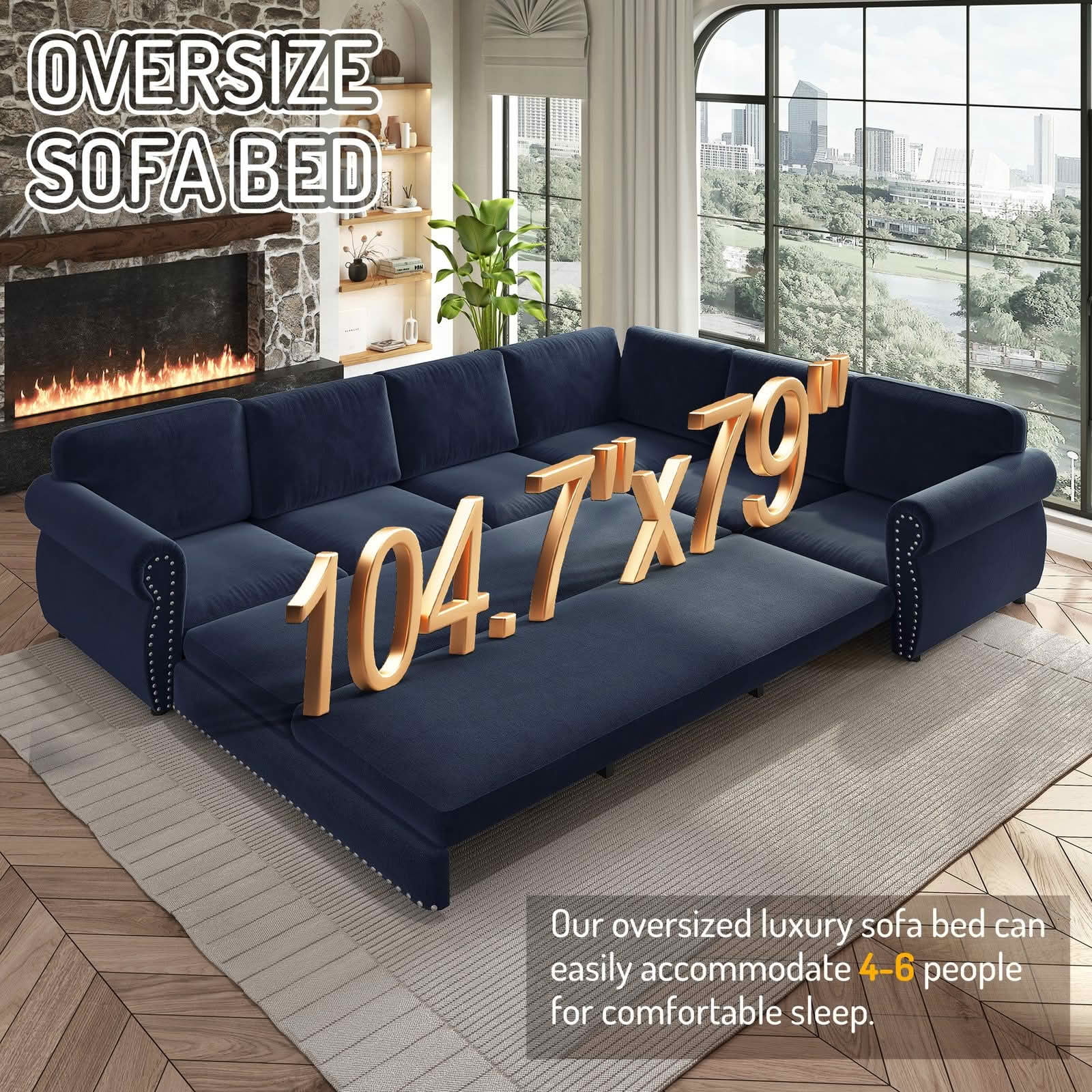 MAYEERTY 118" L‑Shaped Convertible Pull‑Out Sofa Bed, Chenille Sectional Couch with Nailhead Trim & Rolled Arms, Oversized Multifunctional Sleeper Sofa