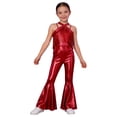 thumbnail image 2 of Xnihocha Kids Girls Metallic Dance Outfit Sleeveless Fringe Jumpsuit Flare Bell Bottom Pants 70s Disco Party Overalls Red 16, 2 of 6