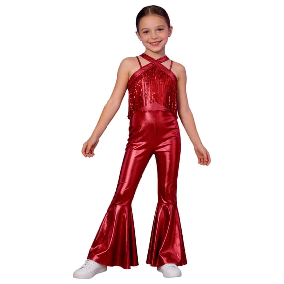 YiZYiF Kids Girls Sleeveless Metallic Jazz Disco Dance Jumpsuit Bell Bottom 70s Party Stage Performance Outfit Red 12