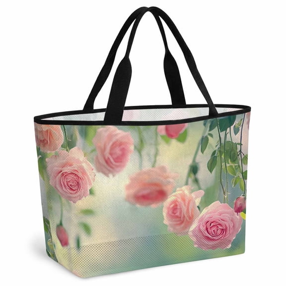 Pink Spring Floral Beach Bag for Women, Large Breathable Mesh Beach Tote Bag, Summer Roses Flowers Farmhouse Sandproof Lightweight Travel Bags for Vacation Picnic Swimming Pool 15.7"x15.7"x9.1"