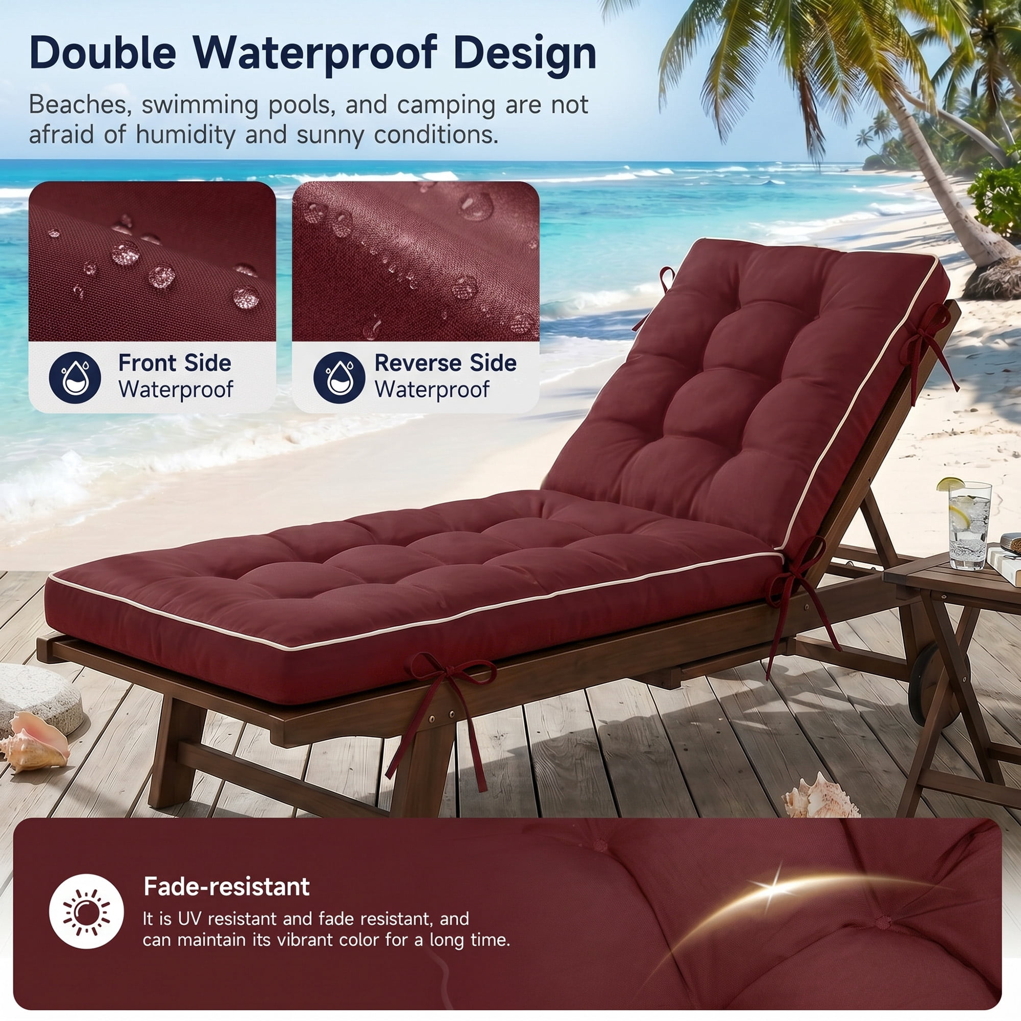 2 Pack 72×21 Inch Outdoor Folding Chaise Lounge Cushions, Quick Dry Shredded Foam Sun Lounger Seat Pads with Non-Slip Backing & Fastening Ties for Patio Poolside Deck Recliners