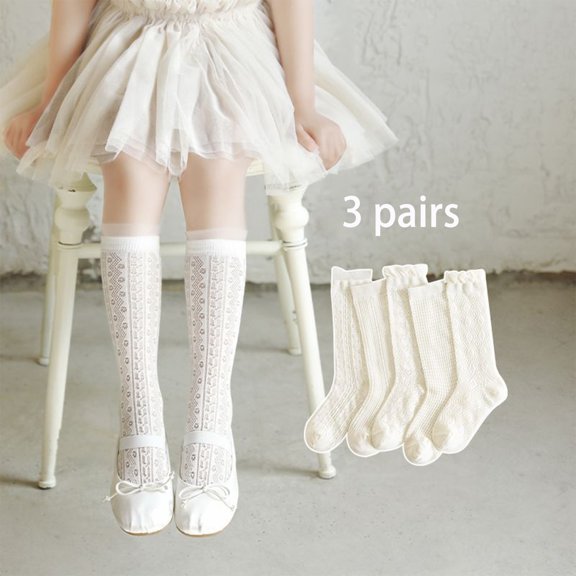 JIAHONG Girls White Lace Knee High Socks, 3-Pack, Breathable Mesh Princess Socks, Soft Frilly Socks for Toddler & Little Girls, White