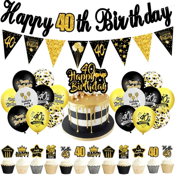 Black Gold Happy Birthday Banner Balloon Set with Cake Topper Confetti ...