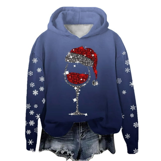 WEAIXIMIUNG Chandails en Molleton d'Automne Graphiques pour Femmes Automne et Hiver Noël Rouge Verre Imprimé Col Rond Manches Longues Chandail à Capuchon Sport Décontracté (1)